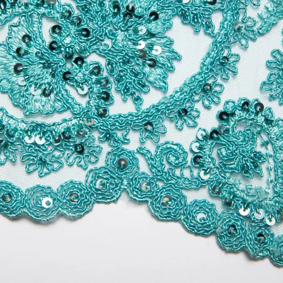 1 Yard Shimmering Tulle Lace Fabric with Sequins and Floral Embroidery 52" Width Aqua {1}