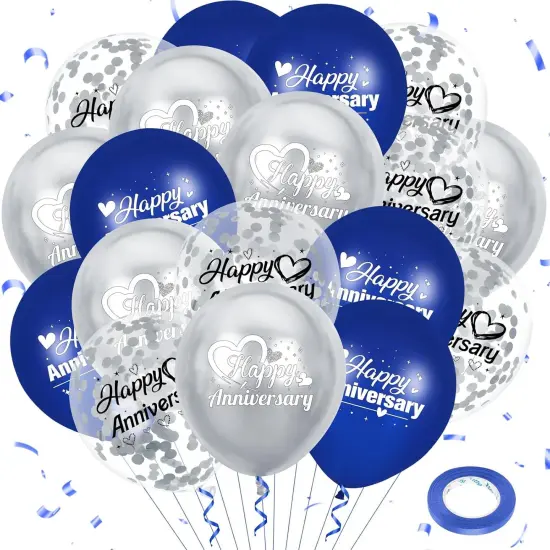 Happy Anniversary Balloons - 18Pcs, 12 Inch (Blue Silver) {1}