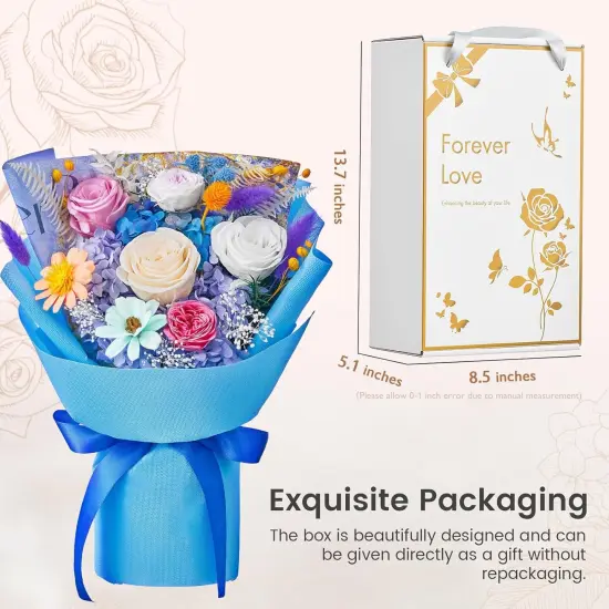 Flowers Bouquet (Pink Champagne White Roses, Blue Paper) {2}