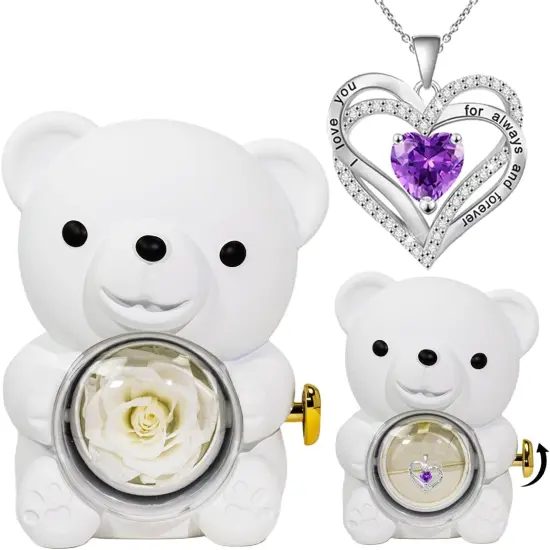Preserved White Real Rose & White Bear Box {1}