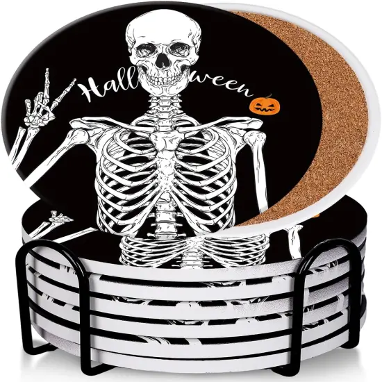 6Pcs Halloween Skeleton Coasters Spooky Skeleton Ceramic Coasters {1}