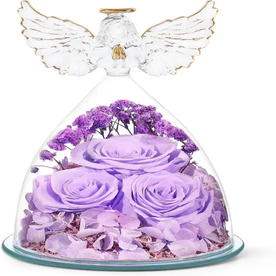Fresh Flowers in Glass Angel Figurines Real Purple Roses {1}