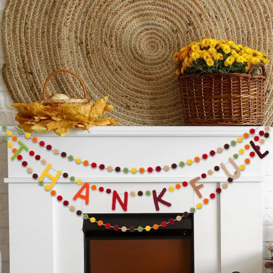 3Pcs Fall Felt Banner 3D Thankful Banner Felt Pom Pom Balls {5}