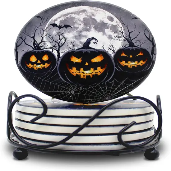 Halloween Black Round Drink Coasters Set of 6 with Holder {1}