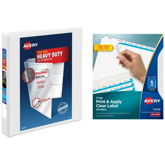 Avery Heavy-Duty View 3 Ring Binder with 1 Inch Rings, 5 Tab Easy Print & Apply Clear Label Binder Dividers, Office Supplies Set (01687) {1}