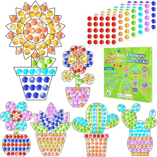 6 Pcs Spring Arts Crafts DIY Flower Potted Gem Diamond Suncatcher Craft for Kids Succulents Window Diamond Plant Painting Gifts Exchange for Teen School Classroom Activities Games Party Decors {1}