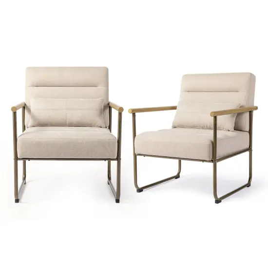 33.25"H Mid-Century Modern Beige Fabric Accent Arm Chair with Metal Frame Set of 2-Beige {5}