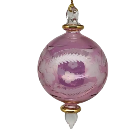 Etched Blown Glass Ball Ornament - Pink {2}