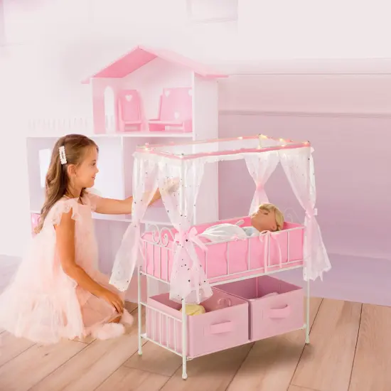Badger Basket Starlights Metal Doll Crib with Canopy, Bedding, Storage and LED Lights - Pink/White/Stars {2}