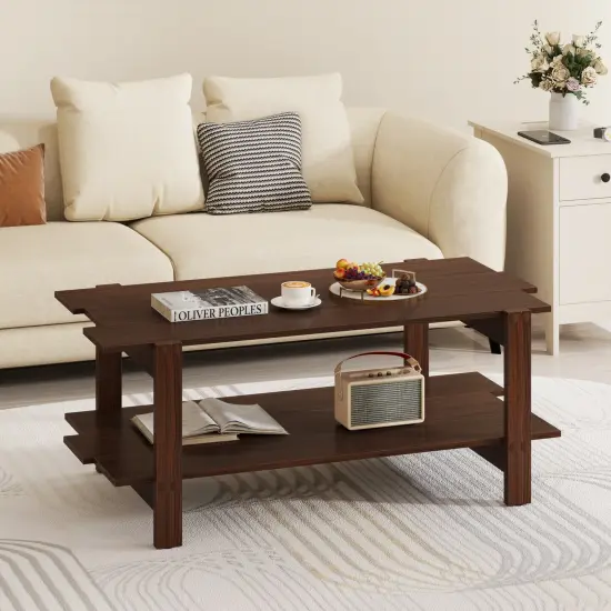 Walnut Engineered Wood 2-Tier Coffee Table with Slatted Shelf {6}