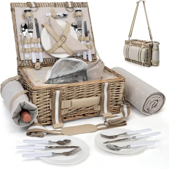 31Pcs Picnic Basket Set for 4 with Insulated Liner and Waterproof Blanket Wine Pouch, Large Wicker Picnic Hamper {1}