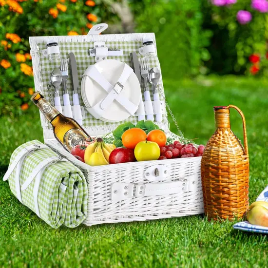 Wicker Picnic Basket for 4 with Waterproof Picnic Blanket and Insulated Cooler, Willow Hamper for Camping {5}