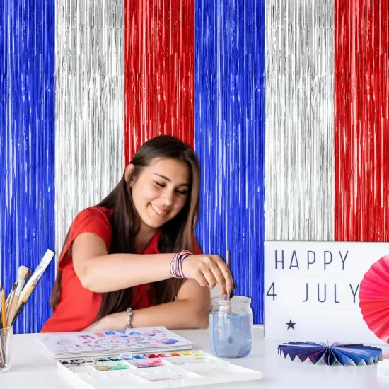 2 Pack 4th of July Party Supplies, 3.28 FT x 7.05 FT 4th of July Tinsel Backdrop, Blue Silver Red Color Fringe Curtains Streamer Backdrop, 4th of July Photo Backdrop Party Decorations {5}
