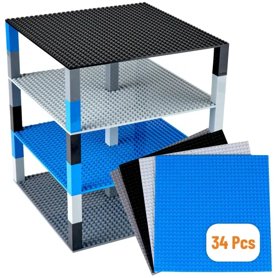 Strictly Briks 4 Pack Classic Stackable Baseplates 10x10 in, with 32 x 32 Studs, Towers, Shelves, 100% Compatible with All Major Brands, 4 Plates & 30 Stackers, Black/Blue/Gray, Ages 3-14 Multicolor {1}