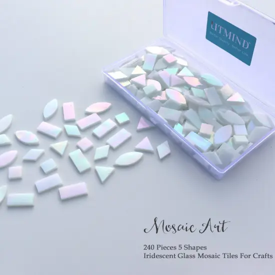 LITMIND Iridescent Glass Mosaic Tiles for Crafts, 240 Pieces 5 Shapes Mixed Stained Glass Sheets, Mosaic Kits for Adults (Iridescent White) {5}