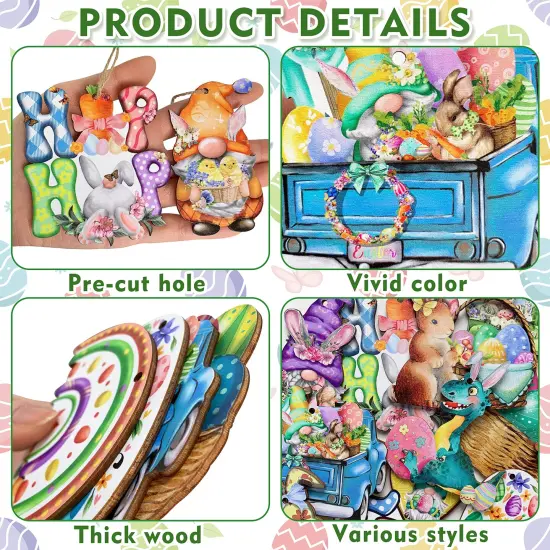 24 Wooden Hanging Ornaments, Hanging Decor for Tree, Happy Easter Egg Gnome Bunny Wooden Craft Spring Party Supplies Home Decor {6}