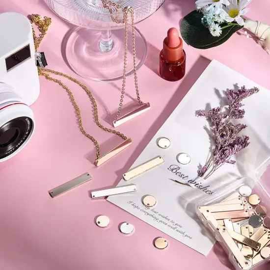 30 Pcs Metal Stamping Blank Tag Pendants for Jewelry Engraving includes 15 Rectangle Stamping Blank Bar Charms Brass Tag, 15 Round Blank Name Pendant for DIY Craft {2}