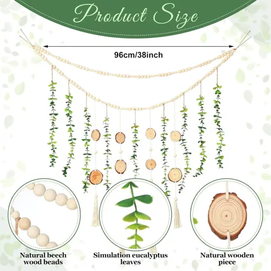 Hanging Eucalyptus Boho Wall Decor 36 x 36 Boho Wall Hanging Wooden Bead Garland {2}