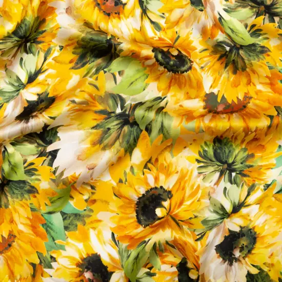 1 Yard Yellow and Green Sunflowers Digitally Printed Painterly Silk Charmeuse Fabric 55 inch Width {1}