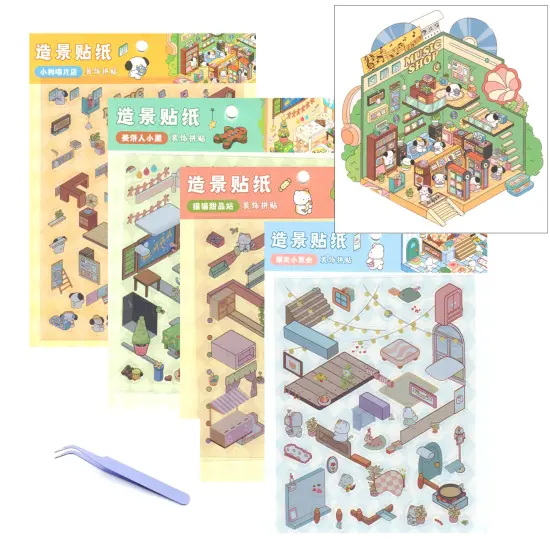 Isometric Sticker Activity Pack of 4 Styles, Cute Sticker Scenes with Tweezers, Adorabilities {1}