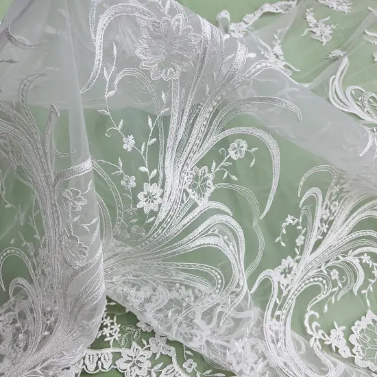 1 Yard Ivory Corded Bridal Lace Fabric Embroidered Elegant Mesh 54" Width Silver {7}