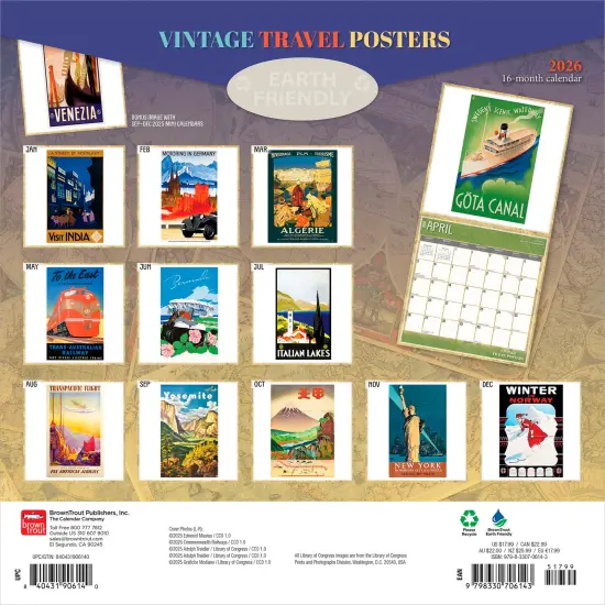 Vintage Travel Posters | 2026 12 x 24 Inch (Hanging) Monthly Square Wall Calendar | Plastic-Free {2}