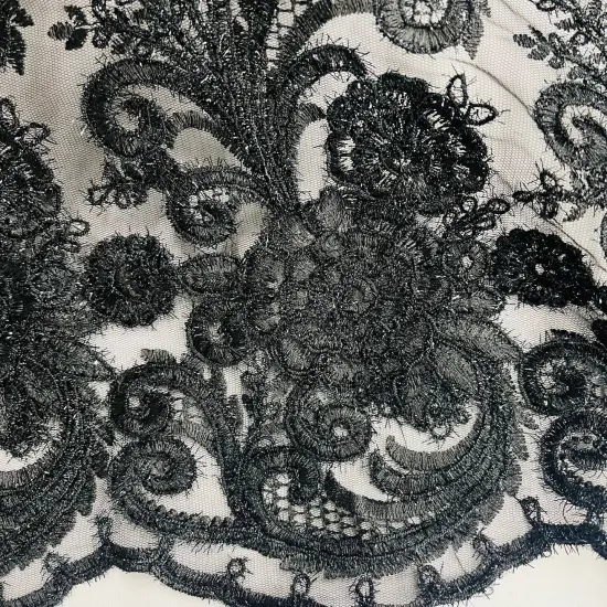 1 Yard Black Beaded Corded Lace Fabric for Couture Bridal Gowns Dance Dresses 56" Width {1}