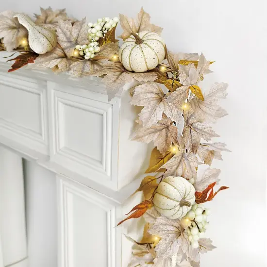 6Ft Fall Garland with Lights, Fake Pumpkin Berry Autumn Maple Leaves Garland - 1 Pcs White {1}