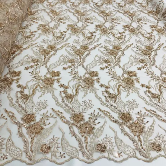 1 Yard Beaded Lace Fabric Embroidered on 100% Polyester Net Mesh 50" Width Rose Gold {1}