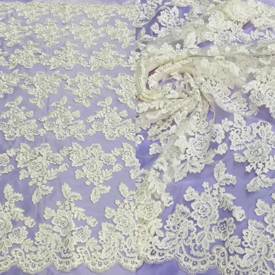 1 Yard Corded Bridal Lace Fabric Embroidered Elegant Mesh Dress 51" Width Silver {6}