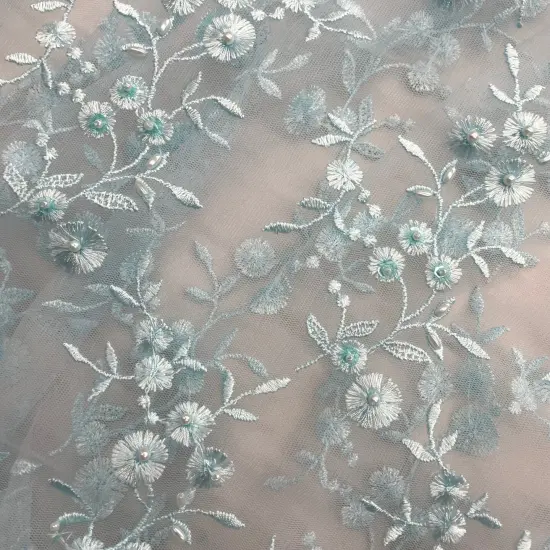1 Yard Beaded Lace Fabric Embroidered Pearl Sequin Bridal Mesh Wedding Dress 54" Width Lt. Blue {4}