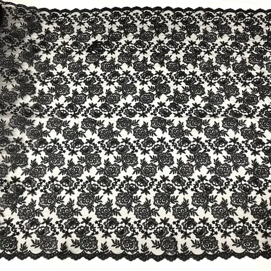 1 Yard Black Corded Bridal Lace Fabric Embroidered Elegant Net Mesh Couture Dress 51" Width {3}