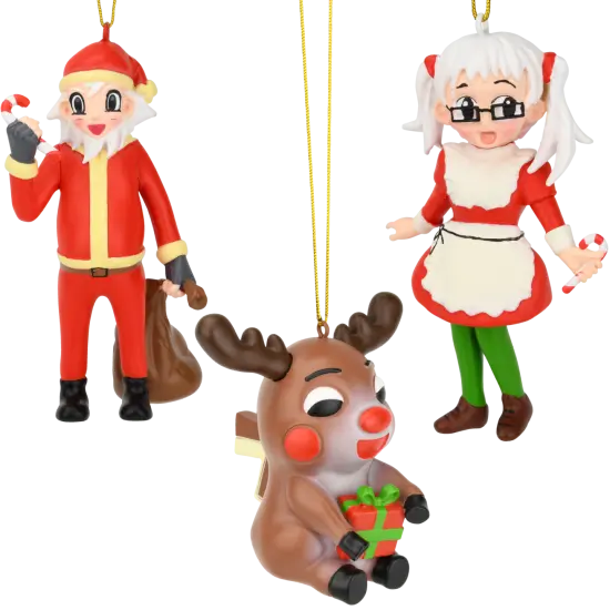 Anime Tree Buddees Christmas Ornament Collection 3 Pack - Santa, Mrs. Claus & Reindeer Cartoon Character Holiday Decor {1}