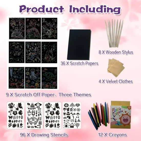 36+9 Scratch Art Paper Kit with Pre-Outlined Template ,4 Follow Boards 8 Scratch Pens 12 Crayons 4 Velvet Clothes {6}