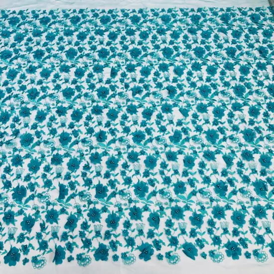 1 Yard Beaded 3D Floral Lace Fabric Embroidered Couture Mesh Dress 49" Width Emerald Green {1}