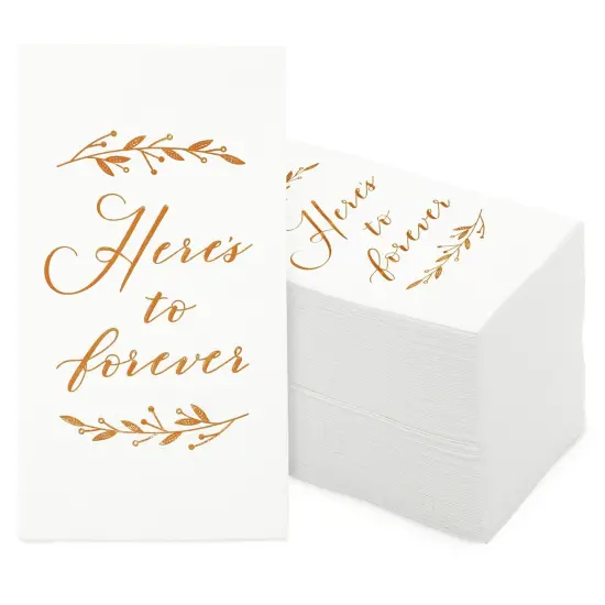 100 Pack White Napkins for Wedding Reception with Rose Gold Foil Accents, Here's To Forever, 3-Ply, 4 x 8 in {1}