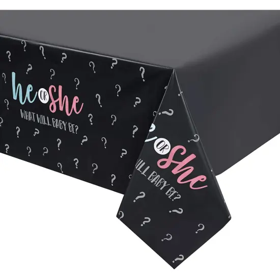 Gender Reveal Party Plastic Tablecloth, He or She (54 x 108 in, 3 Pack) Black {5}