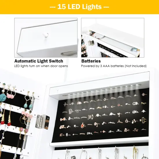 Costway Wall Door Mounted Mirror Jewelry Cabinet Organizer w/LED Light {5}