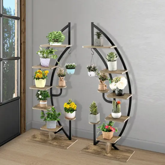 Costway 2PC 6 Tier Metal Plant Stand Rack Half Moon Shape Ladder Planter Organizer w/Hook {2}