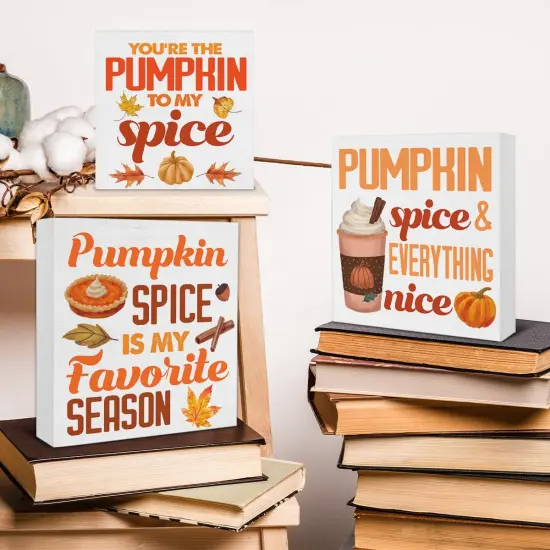 3 Pcs Fall Wood Signs Decor Pumpkin Spice Wood Block Signs {4}