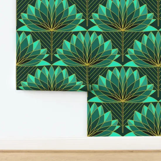 Peel & Stick Wallpaper 2FT Wide Lotus Floral Green Yellow Geometric Scallop Fan Turquoise Luxe Abstract Custom Removable Wallpaper by Spoonflower {2}