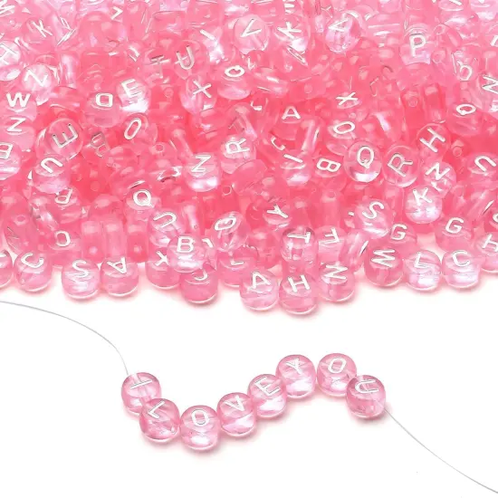1500PCS Acrylic Letter Beads Alphabet White Letters Pink Transparent Round Bead 7&times;4mm for Jewelry Bracelets Necklaces Key Chains Making {1}