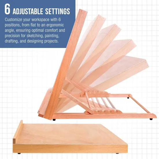 (A2) Adjustable Wood Art Drawing Board - 6 Angles, Beechwood Construction, Pencil Ledge, Locking Storage Drawer {2}
