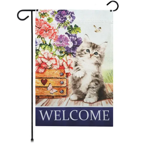 G128 Welcome Kitten Flowers Garden Flag 12x18 In Double Sided Spring Yard Garden Lawn Decoration {1}