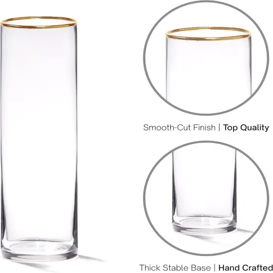 4E's Novelty Set of 3 Glass Cylinder Vases for Centerpieces, 6, 9, 10.5 Inch Tall, 3.5"" Wide with Gold Rim, Clear Glass Vase for Candles {3}