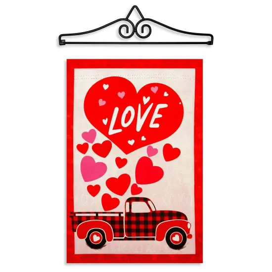 G128 Combo Pack Garden Flag Hanger 14IN & Garden Flag Happy Valentine's Day Love Truck Printed 12x18IN Double Sided {1}