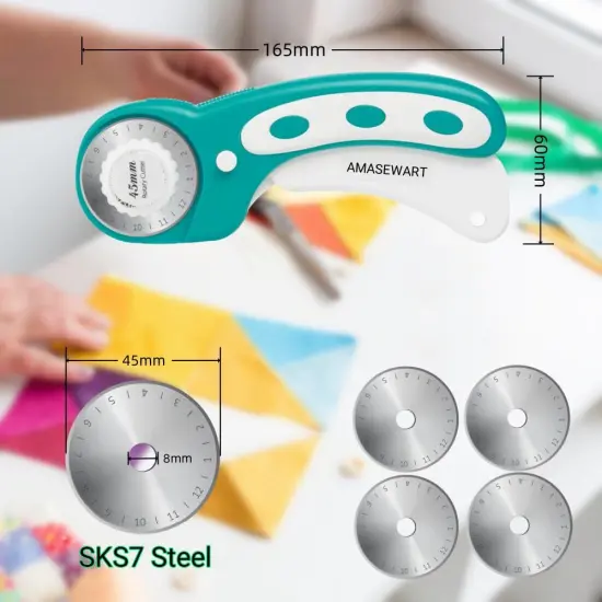 45mm Rotary Cutter and Mat Set, Fabric Cutter Wheel and 12x18 Inch Self Healing Sewing Cutting Mat, Fabric Rotary Cutter with 5pcs Rotary Blades for Quilting Patchworking Crafts, Turquoise {5}