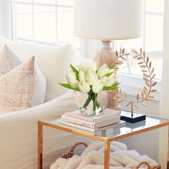 Artificial White Tulips in Vase with Faux Water 6" Real Touch Flowers Fake Tulips Small Flowers Arrangement in Round Glass Vase for Mother's Day Table Centerpiece Wedding Home Decor {2}
