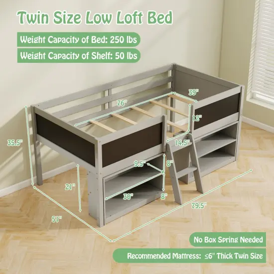 Twin Loft Bed with Chalkboards, Bookcases, Storage Shelf, Guardrails, and Sturdy Wood Construction Grey {4}
