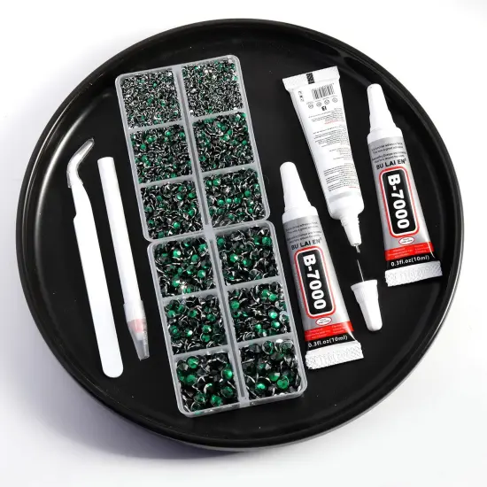 Resin Rhinestones Kit for Crafts,8400 pcs Green Flatback Rhinestones Mixed 5 Sizes 2mm-6mm with B7000 Glue Tweezers and Wax Pencil for Fabric Tumblers and Clothes {3}